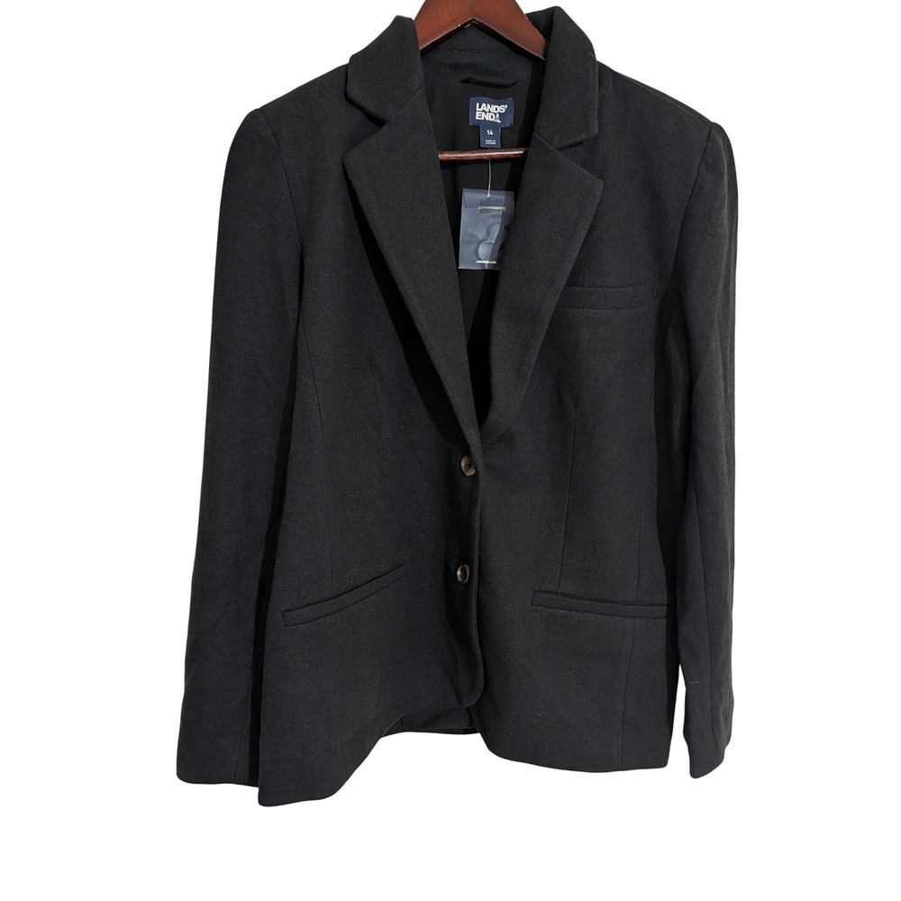 Lands End Womens Black Cotton Blend Knit Blazer Jacket Size 14 NWT Classic